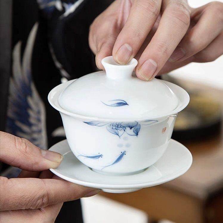手绘陶瓷三才盖碗家用功夫茶具大号不烫手泡茶碗单个带盖白瓷茶杯