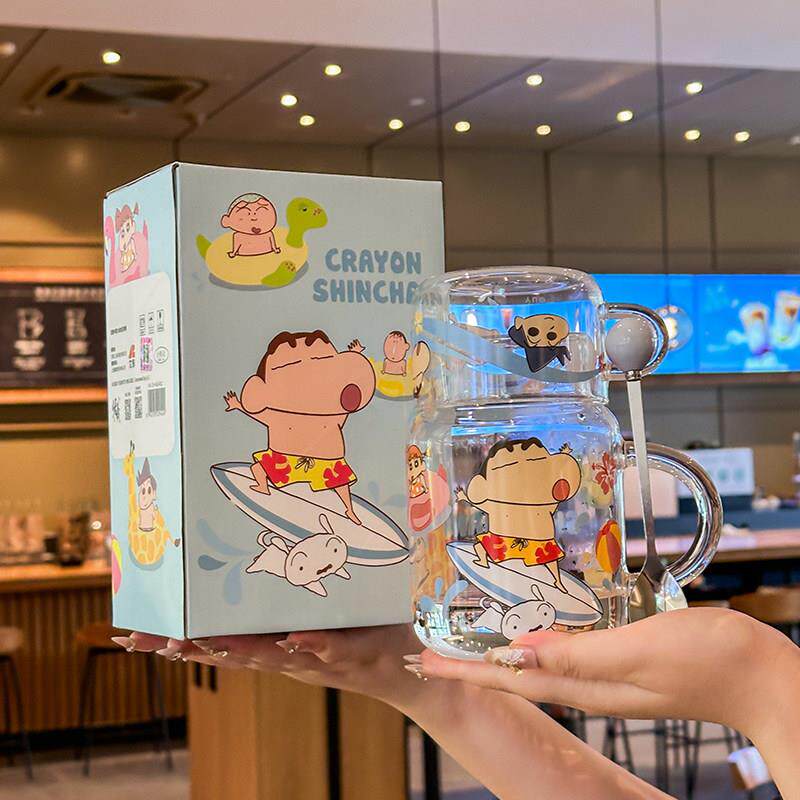 蜡笔小新玻璃杯带盖子女生大容量冷水壶高硼硅杯子办公室咖啡牛奶