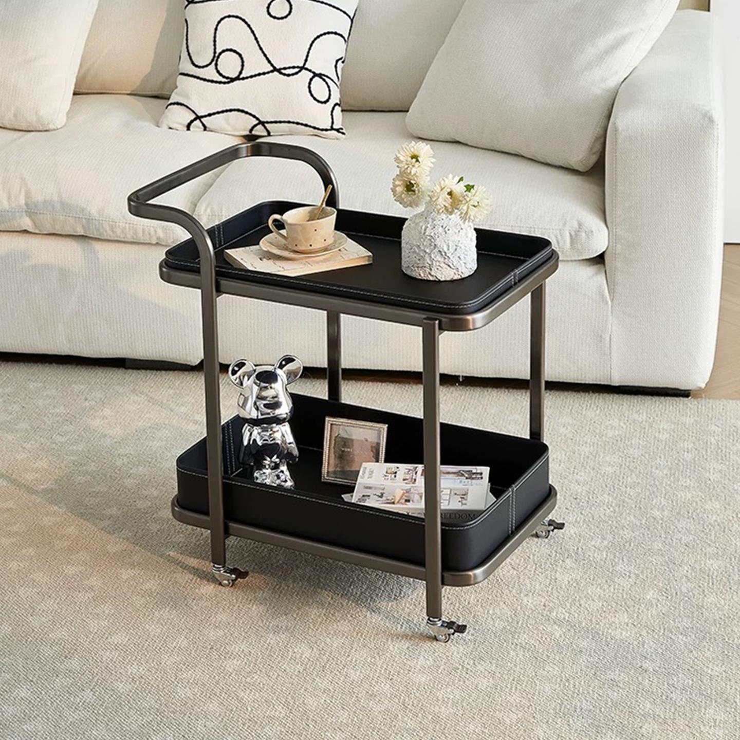 奈斯/法式覆古马鞍皮移动推车边几茶几客厅不锈钢角几带轮置物架