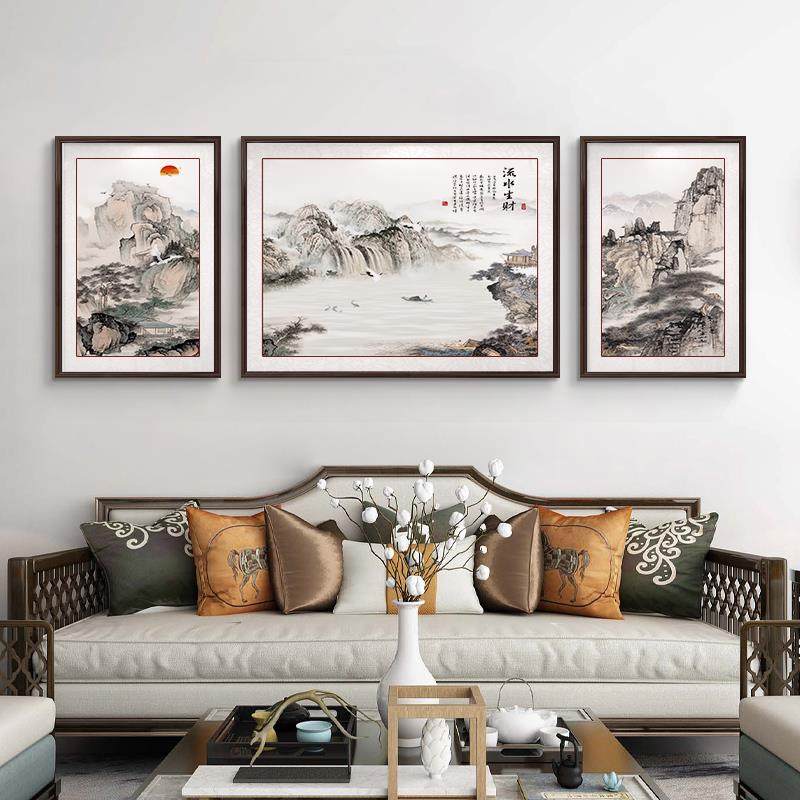 新中式客厅装饰画山水风景画沙发背景墙挂画三联国画高档大气壁画