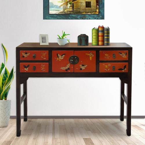 新中式入户玄关桌靠墙窄桌玄关柜及窄条几正对门玄关台彩绘条案