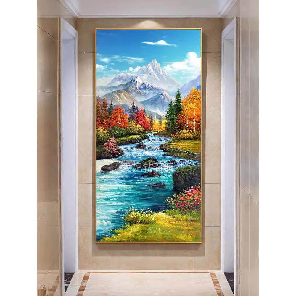 玄关DIY方钻满钻钻石画雪山脚下秋天树林小河风景贴钻印花十字绣