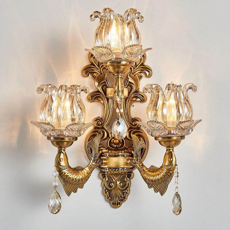 欧式覆古客厅电视背景墙灯酒店别墅楼梯卧室床头三头水晶蜡烛壁灯