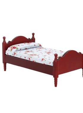 1:12娃娃屋dollhouse迷你家具袖珍卧室蓝色花布单人床工艺品