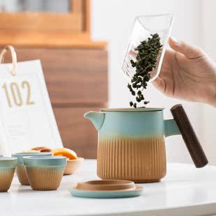 茶具 窑变泡茶杯茶水分离陶瓷茶壶一壶四杯快客杯户外旅行便携式