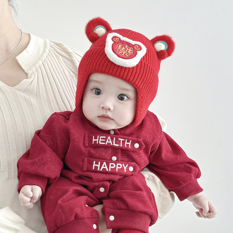 兔七宝婴儿帽子秋冬季红色护耳帽