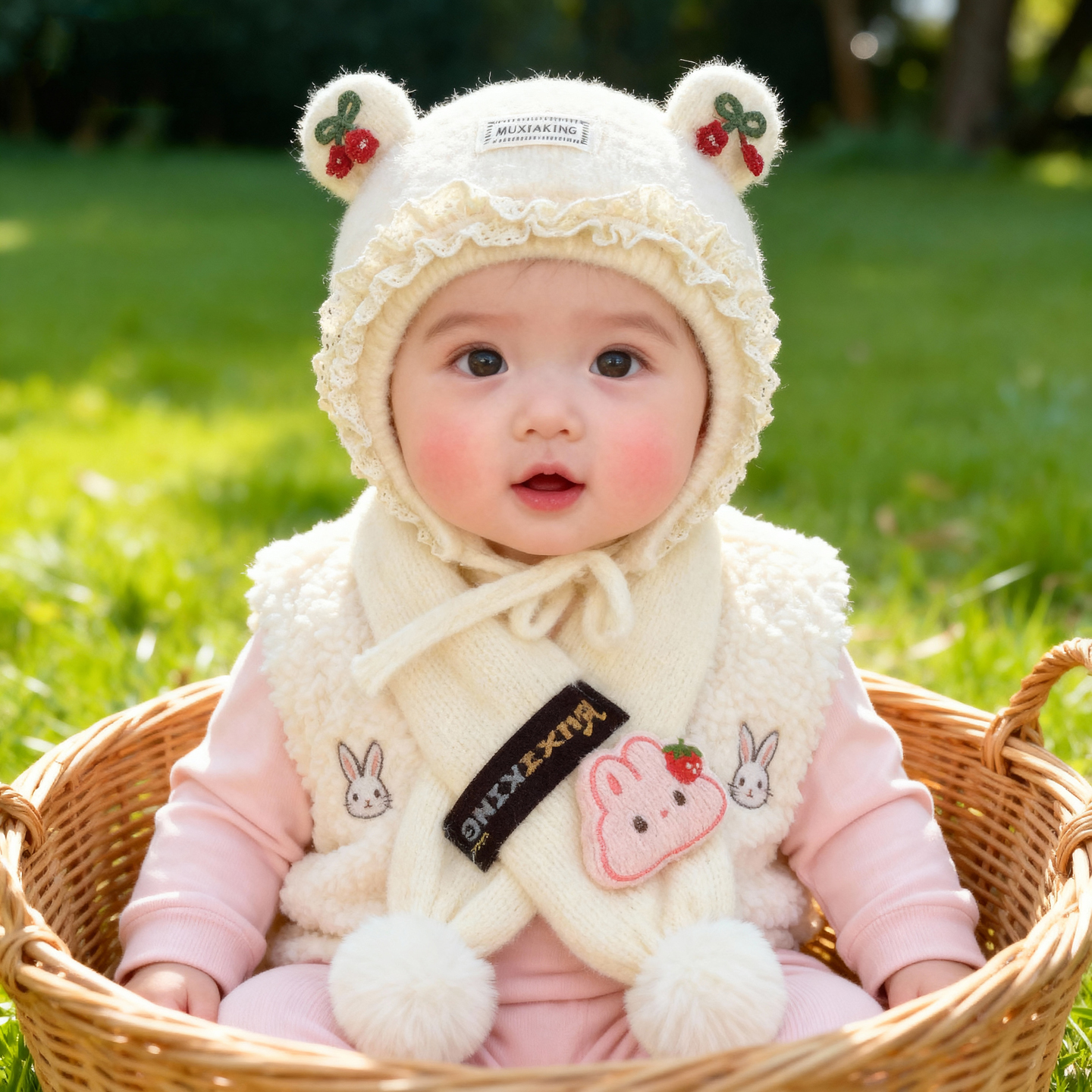 兔七宝毛线帽针织帽小樱桃设计冬