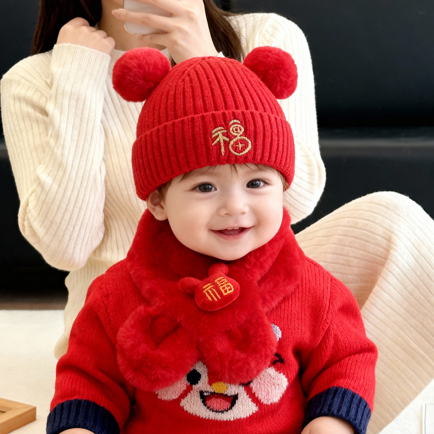 兔七宝婴儿帽子秋冬季红色护耳帽