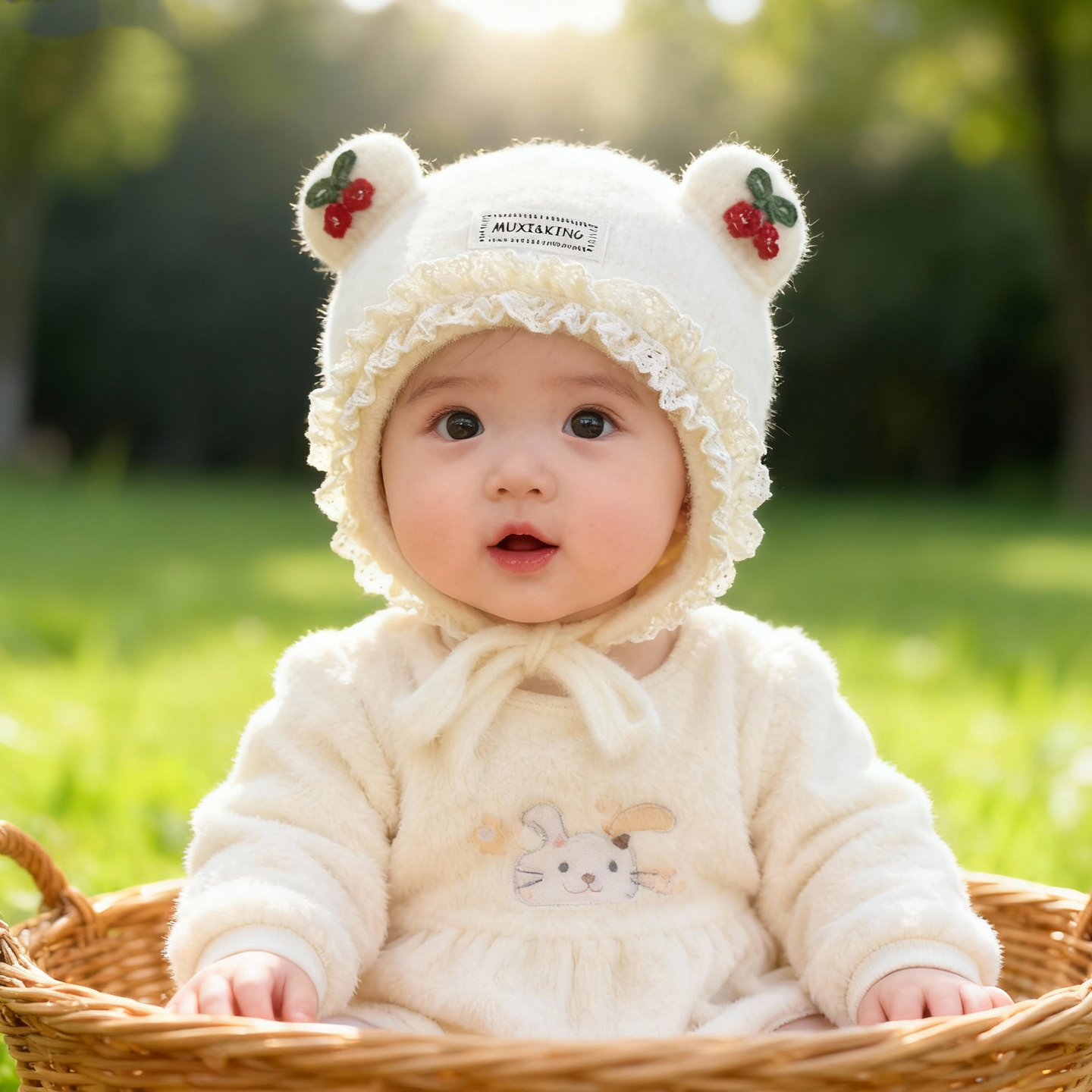 兔七宝毛线帽针织帽小樱桃设计冬