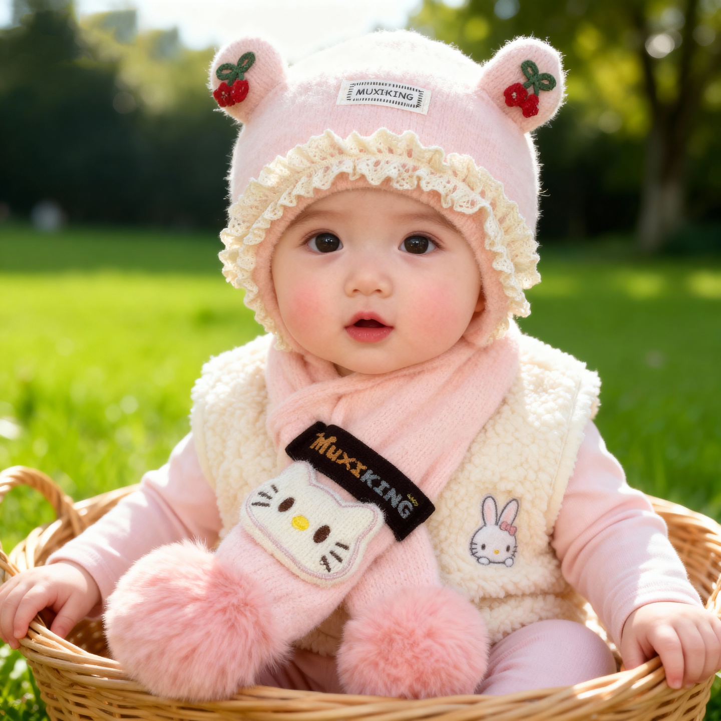 兔七宝毛线帽针织帽小樱桃设计冬