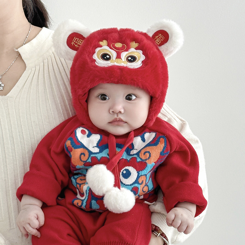 兔七宝婴儿帽子秋冬季红色护耳帽