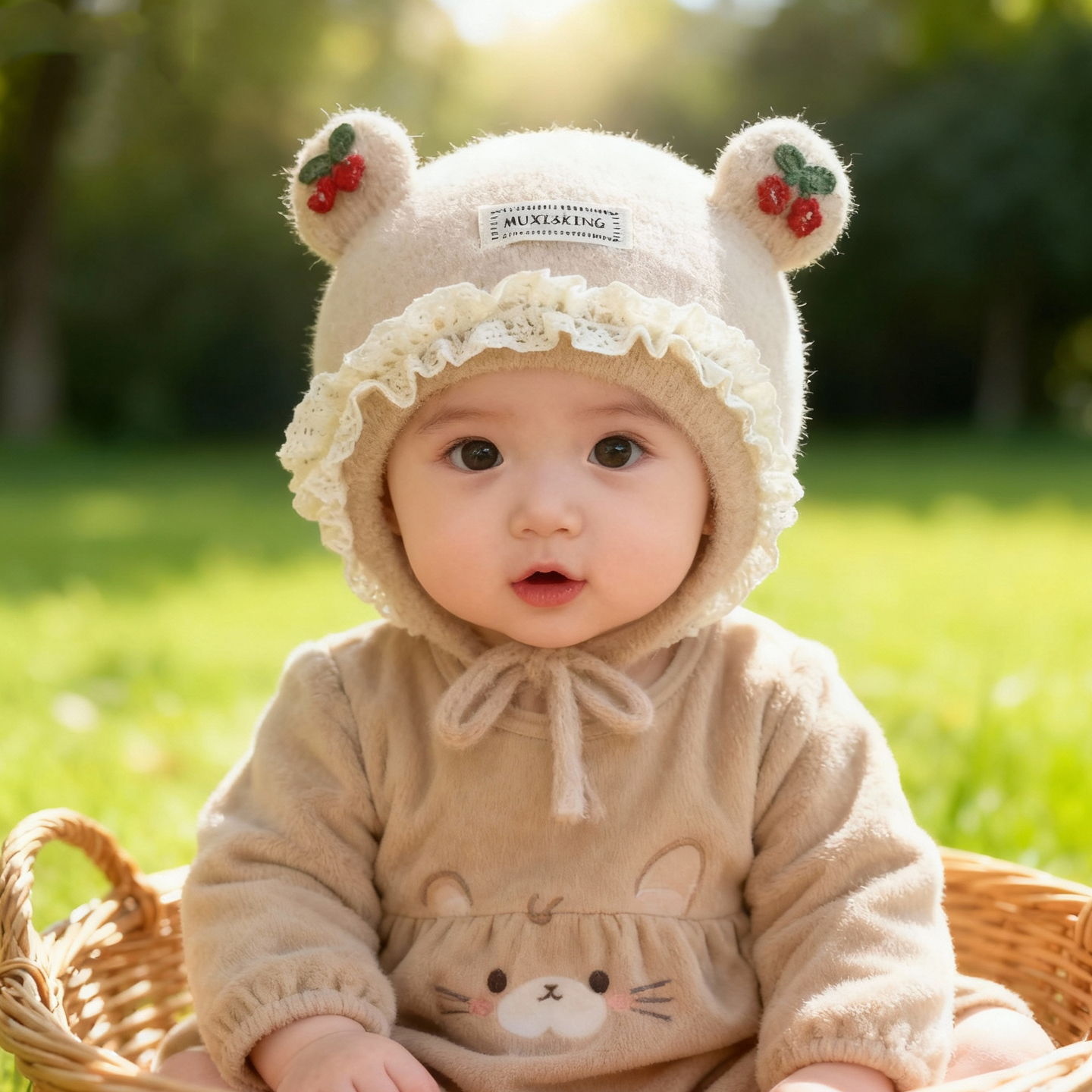 兔七宝毛线帽针织帽小樱桃设计冬