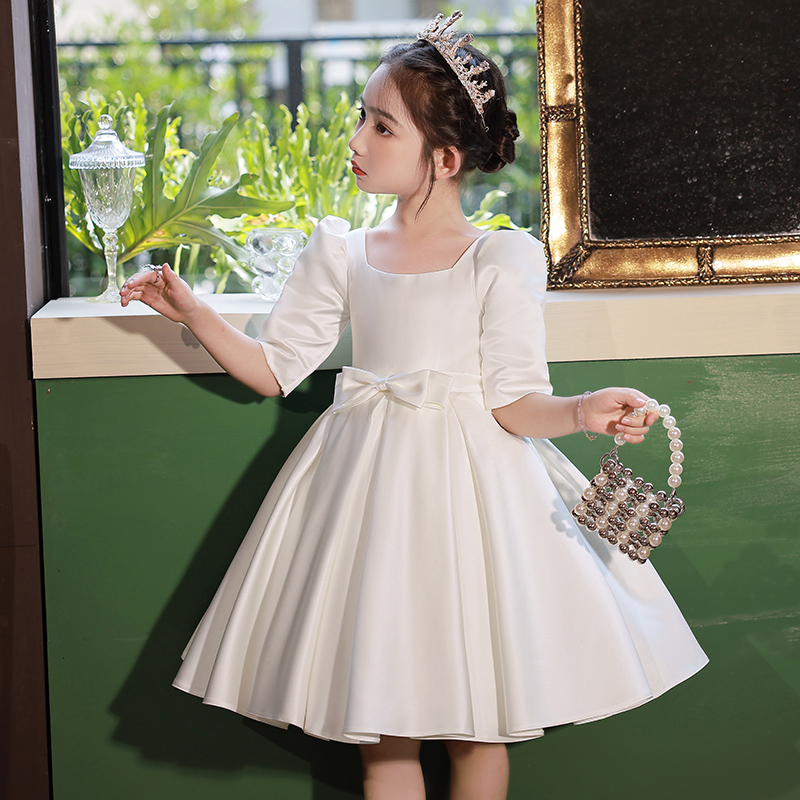 缎面红色花童小女孩高端礼服儿童主持人生日公主裙女童钢琴演出服