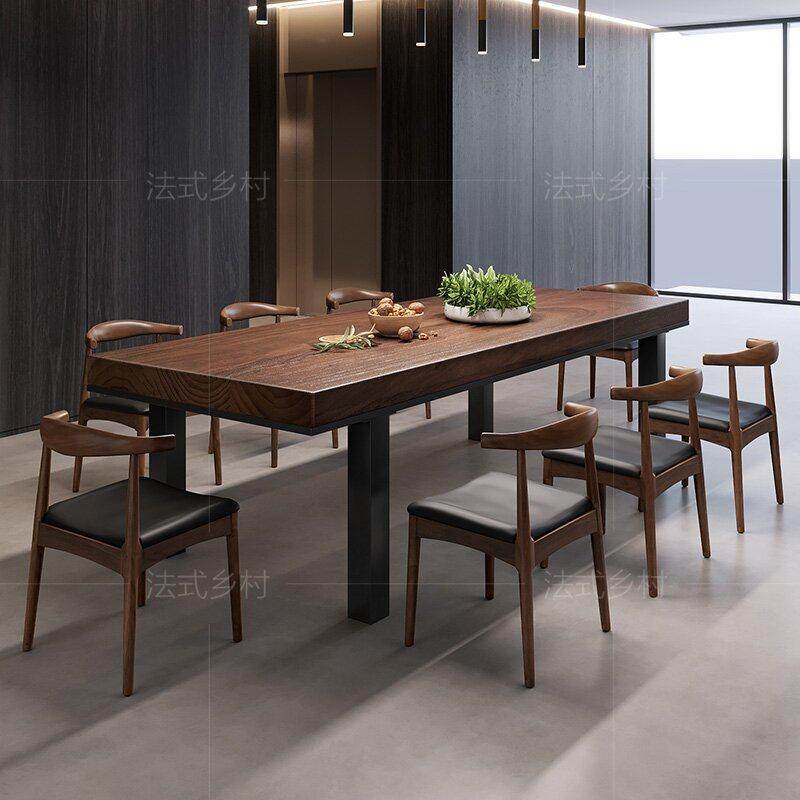 铁艺实木餐桌椅组合现代简约长方形家用小户型饭桌原木大板办公桌