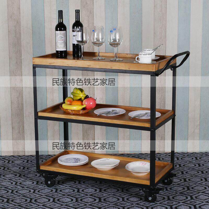 铁艺实木餐车酒水车餐厅手推车家用厨房置物架酒店三层移动小推车