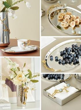 印度进口装饰品不锈钢银色椭圆长托盘银杏枝叶水壶花瓶餐巾架摆件