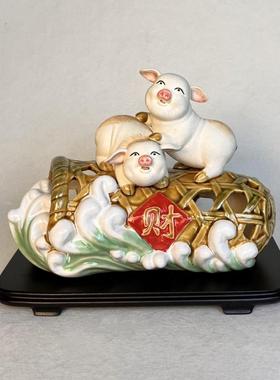 猪笼入水俩个小猪陶瓷摆件石湾公仔