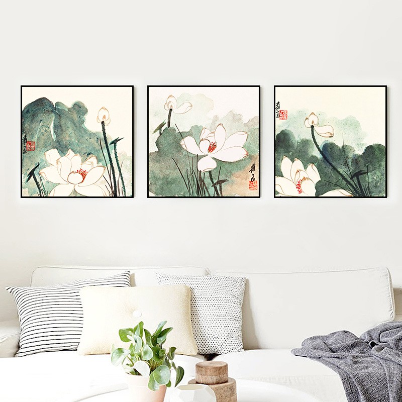 张大千墨韵荷花新中式客厅装饰画水墨三联画餐厅卧室挂画正方形画图片