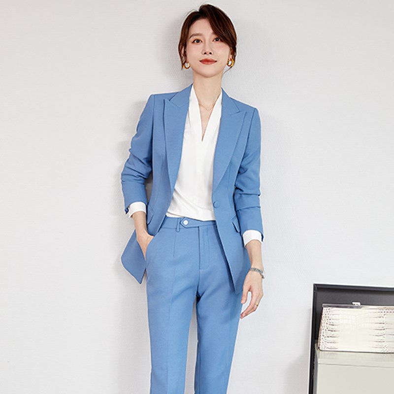 西装套装女修身高端职业套装售楼部工作服女公务员面试雾霾蓝黑色