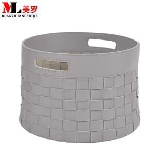 纯色家用客厅卧室储物筐轻奢篮子 手工编织圆形皮革手提收纳篮日式