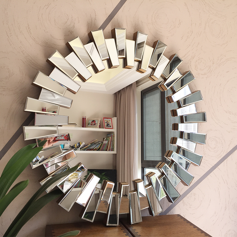 简美式装饰壁挂镜子壁炉镜卫生间镜玄关餐厅圆形轻奢太阳玻璃拼镜