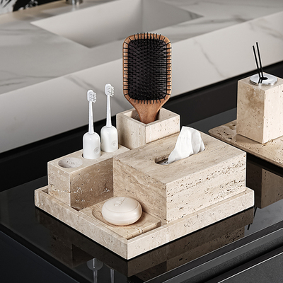 罗马黄洞石法式侘寂风浴室用品收纳套件中古风摆件洗漱台面置物架