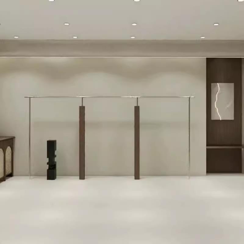 服装店展示架女装店货架上墙不锈钢实木胡桃中古风不锈钢挂衣架