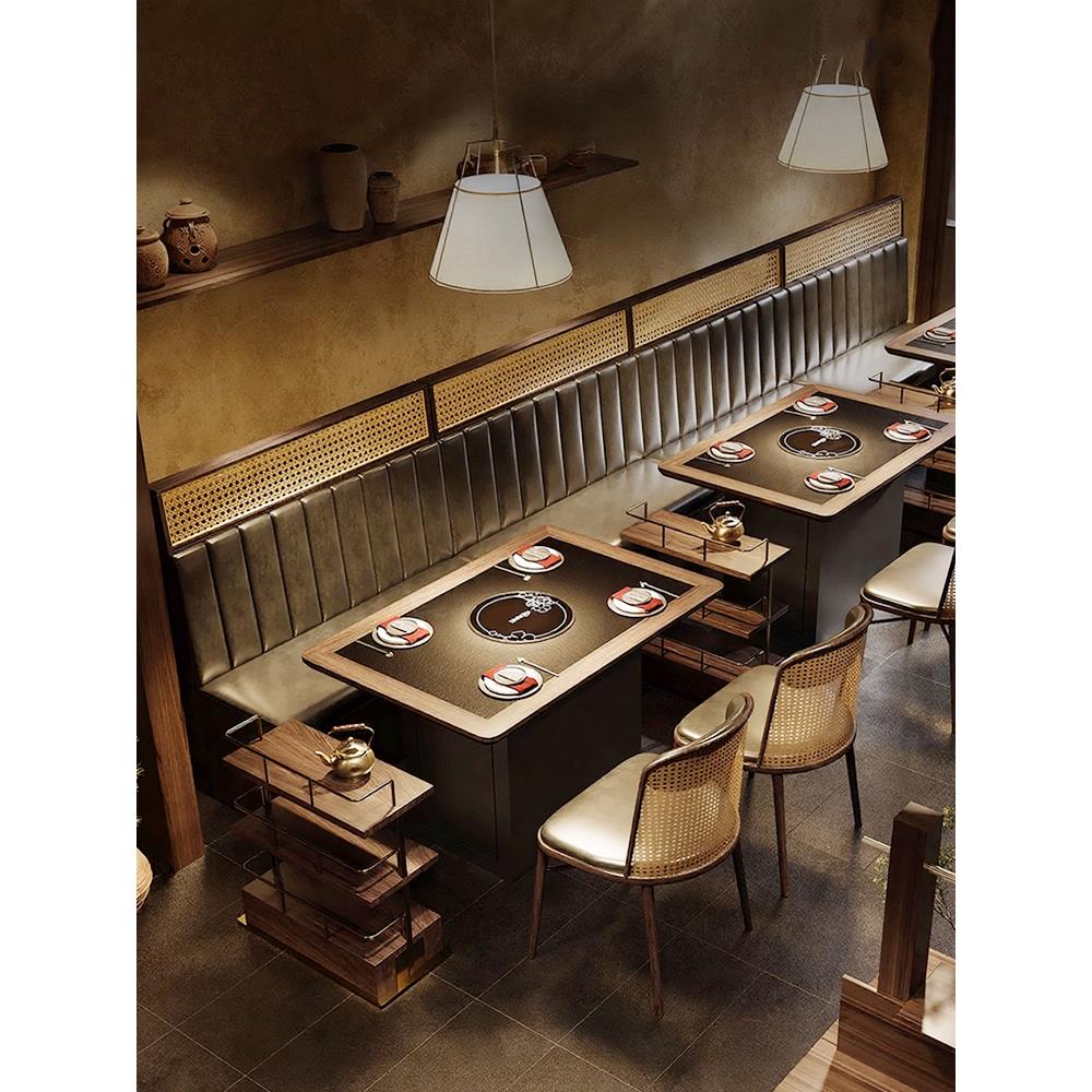 山野风实木卡座沙发火锅店火锅桌椅定制组合茶楼饭店餐厅餐饮商用