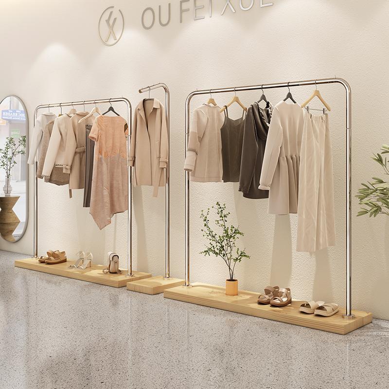 高档服装店实木中岛展示架落地式女装店衣架落地杆挂衣架子专用