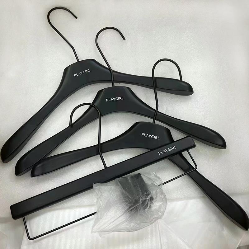 服装店实木烤漆衣架女装儿童防滑无痕高级黑木质衣撑裤架定制LOGO