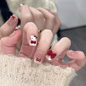 手工穿戴甲短款 红色蝴蝶结可爱Kitty美甲贴片显白高级感指甲贴片