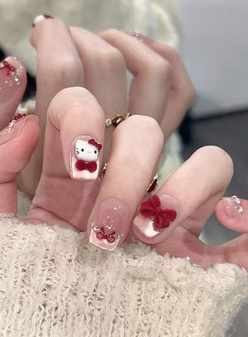手工穿戴甲短款红色蝴蝶结可爱Kitty美甲贴片显白高级感指甲贴片