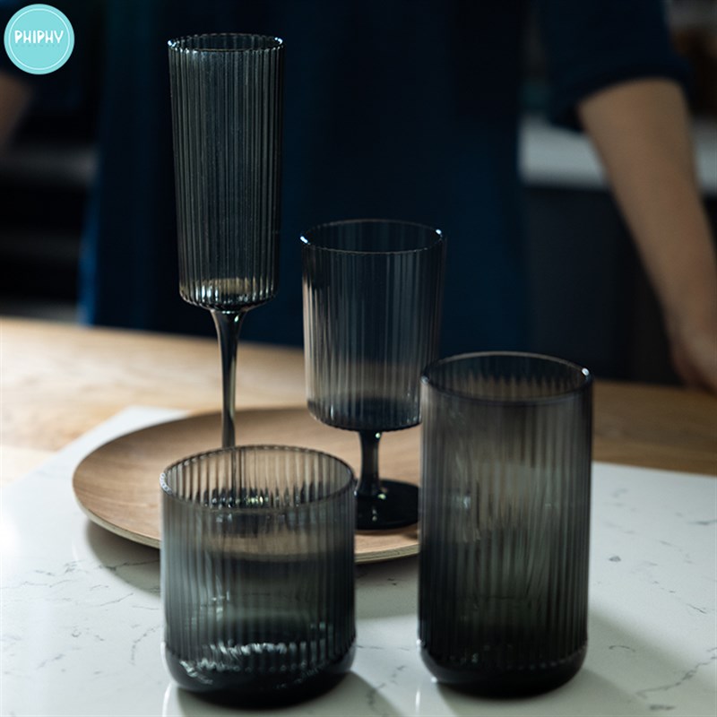 PHIPHY浮雕密棱玻璃杯果汁杯烟灰色料高脚红酒杯香槟杯家用喝水杯