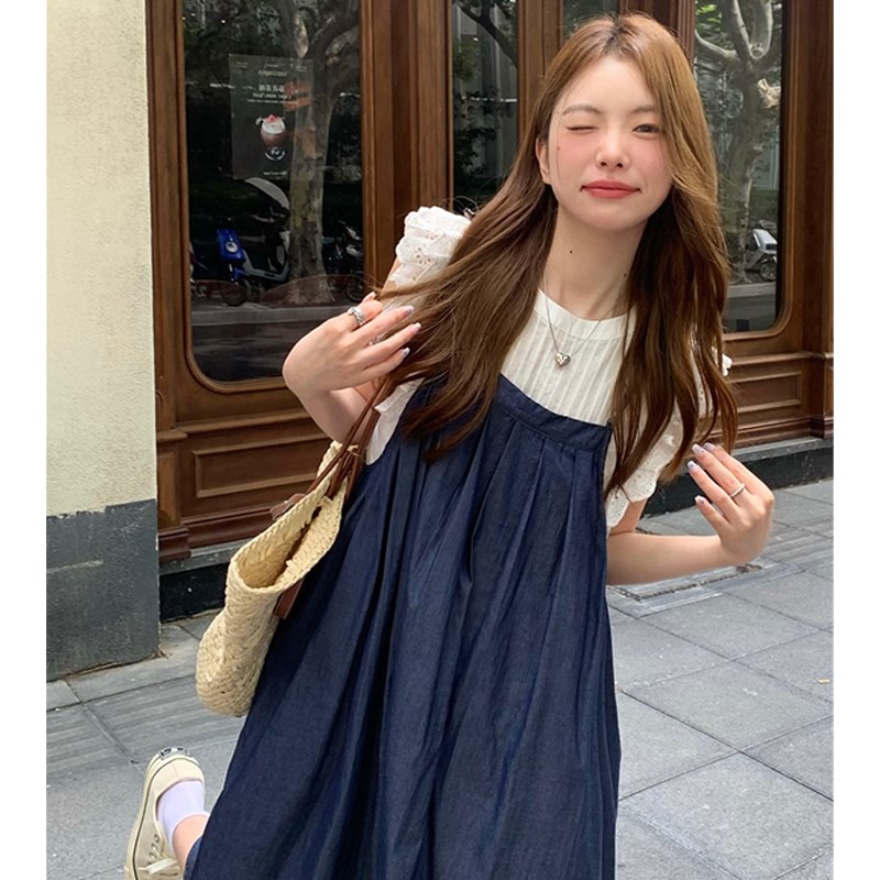 大码女装胖mm显瘦套装气质花边拼接无袖衬衫牛仔吊带连衣裙两件套
