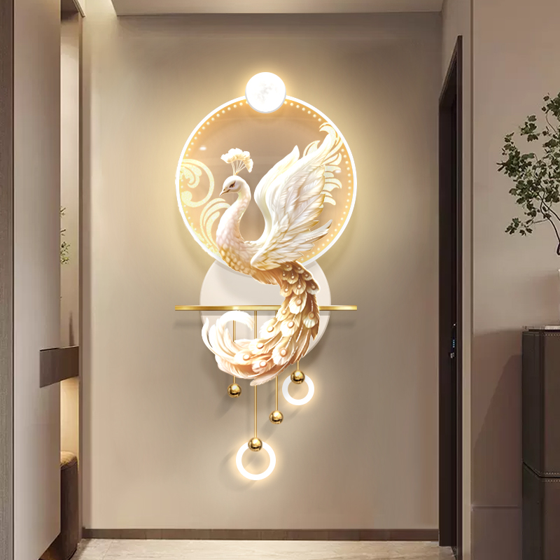 奶油风玄关装饰画孔雀走廊尽头创意壁灯挂画简约led立体发光壁画图片