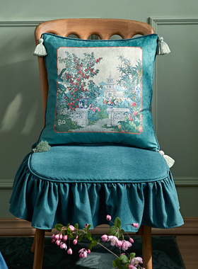 偏爱集椅垫新中式田园荷叶边墨绿色防滑坐垫蝴蝶结绑带美式椅子垫