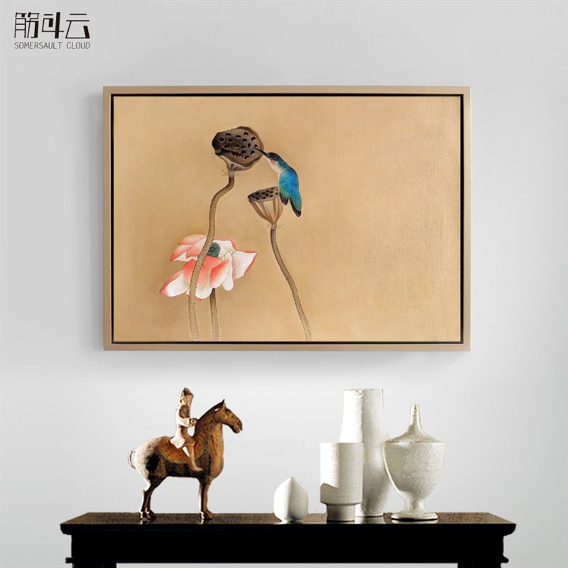 纯手绘油画新中式入户玄关横版挂画复古简约客厅装饰画高级感荷花图片