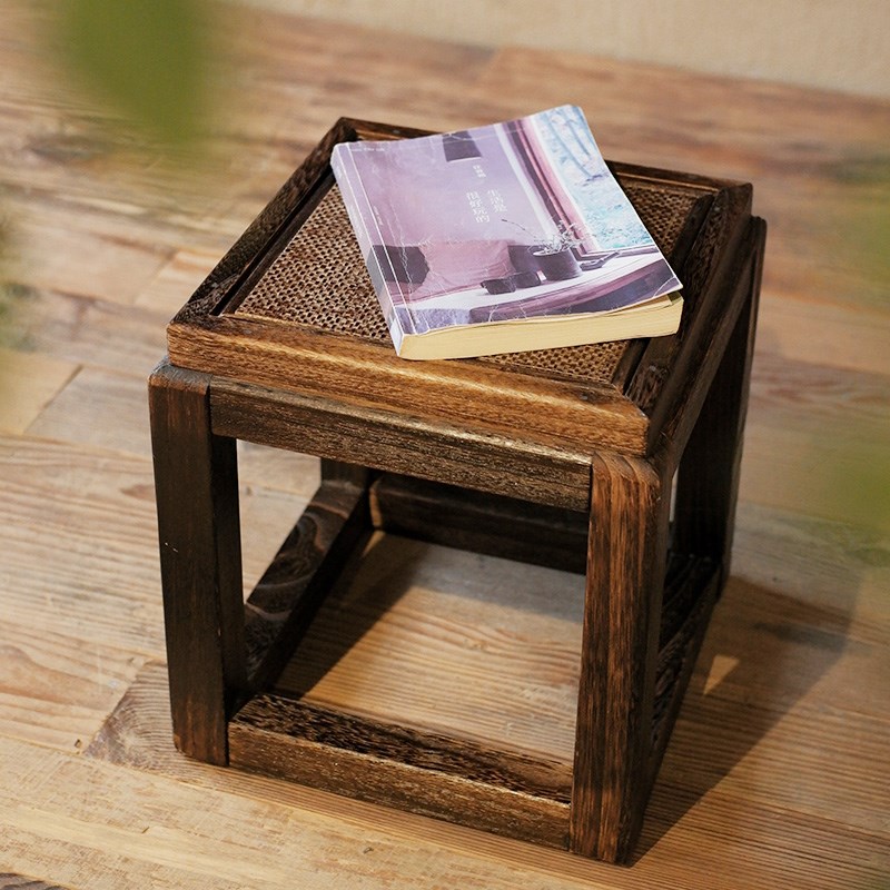 创意实木方凳家用客厅餐桌茶几小板凳沙发凳榫卯中式手工藤编凳子