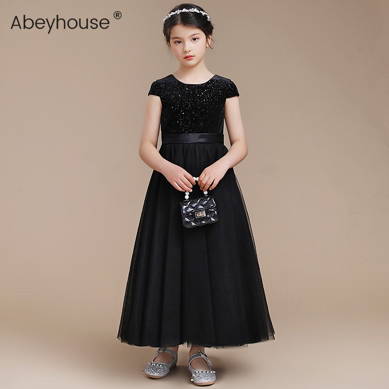 女童黑色公主纱裙儿童小提琴演奏服中大童钢琴演出服乐团指挥长裙