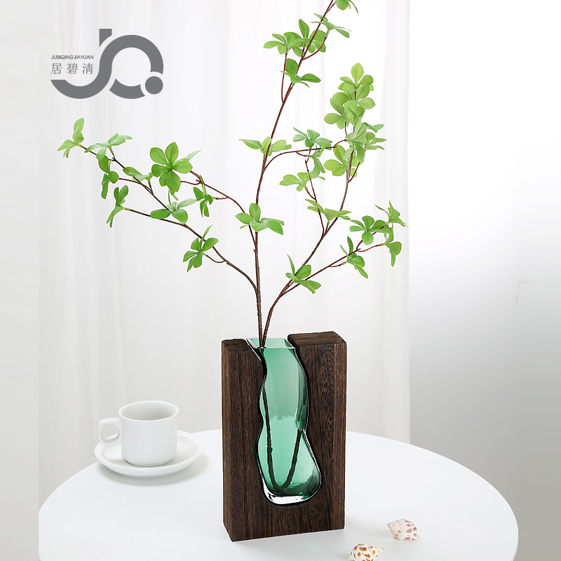 北欧田园风原木屋玻璃花瓶木托单只花水培绿植鲜花桌面客厅茶几