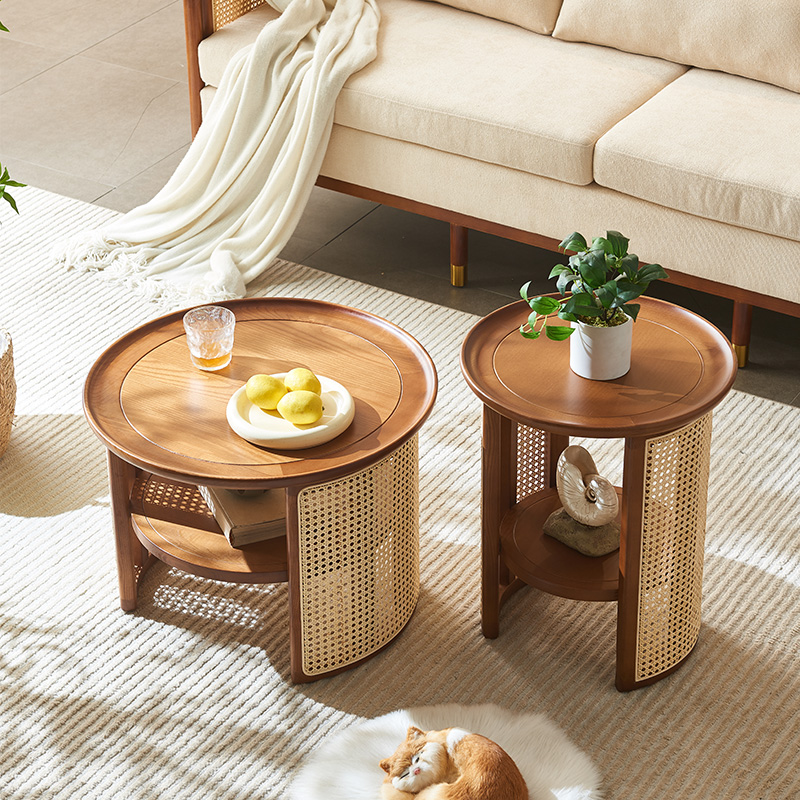 北欧圆茶几大小高低组合侘寂风复古实木藤编圆形边几日式小矮桌子