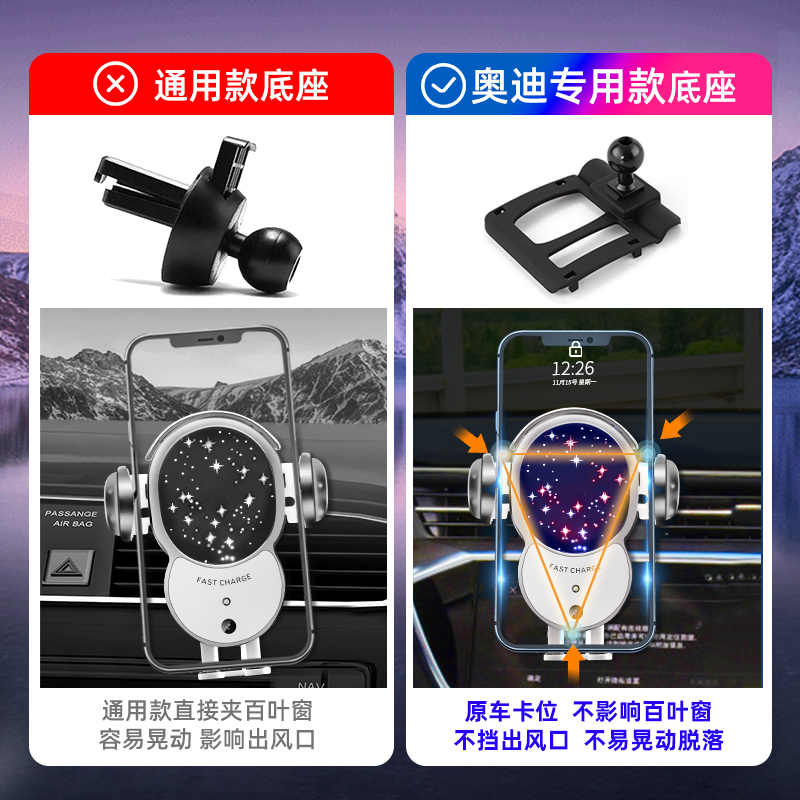奥迪A4L/A6L/A3/Q3/Q5L/A1/Q2L/Q7/Q8专用手机车载支架无线充电女