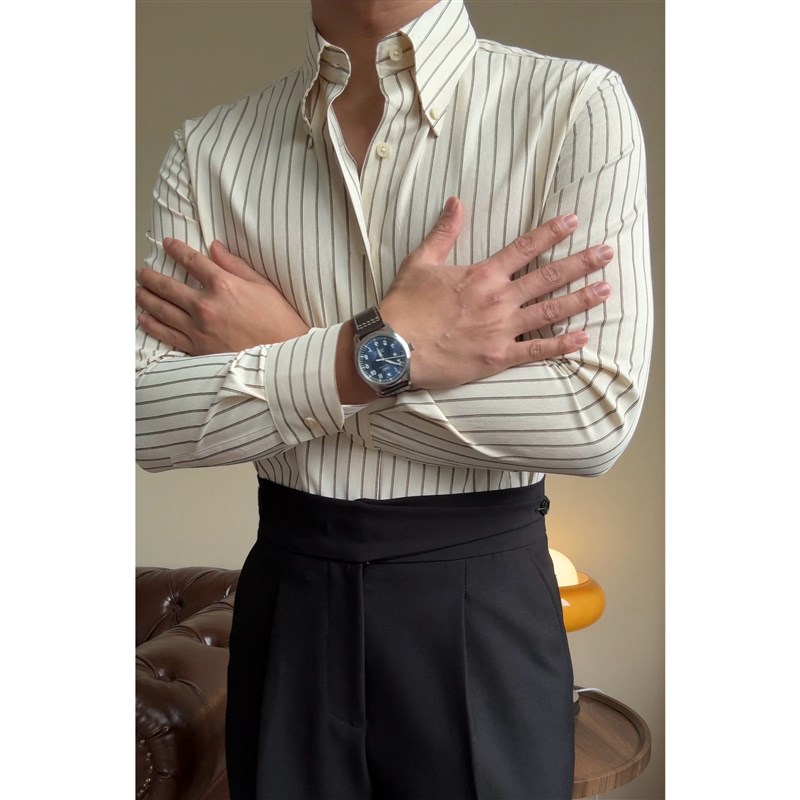 男士休闲条纹衬衫男长袖秋季商务免烫修身绅士上衣百搭时尚尖扣