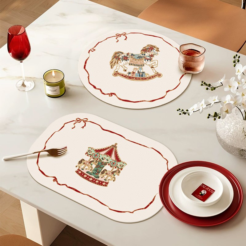 法式复古木马圣诞新年塞拉斯蒂娅皮革餐桌垫家用碗垫隔热垫防水垫