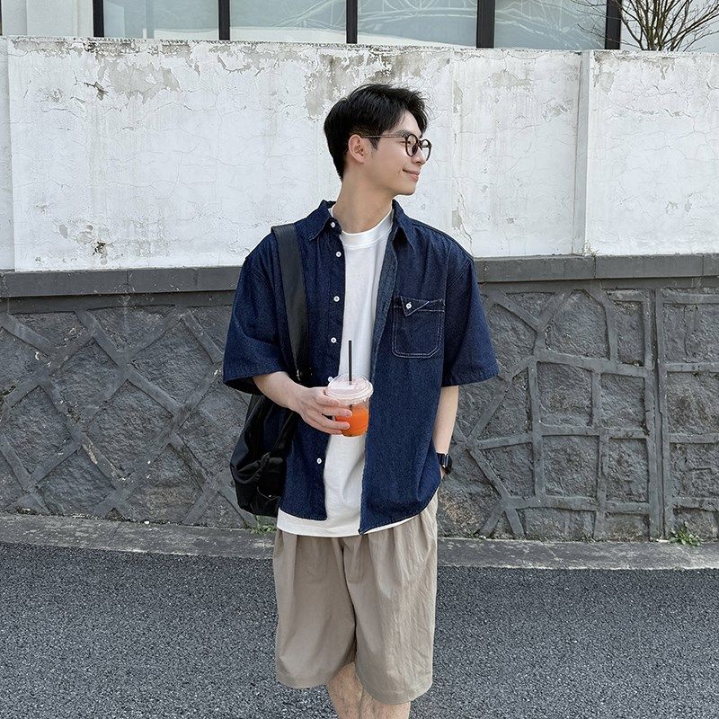 蓝色口袋牛仔衬衫短袖男生2025新款夏季百搭宽松休闲衬衣上衣简约