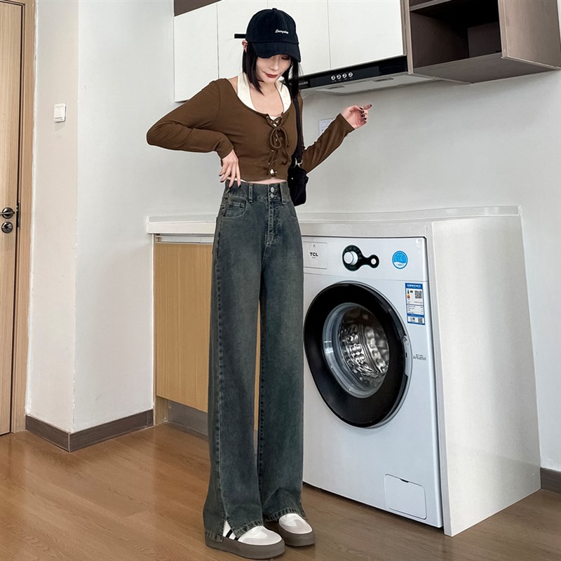 水泥灰牛仔裤女松紧腰阔腿裤春秋冬季2024新款直筒裤小个子拖地裤