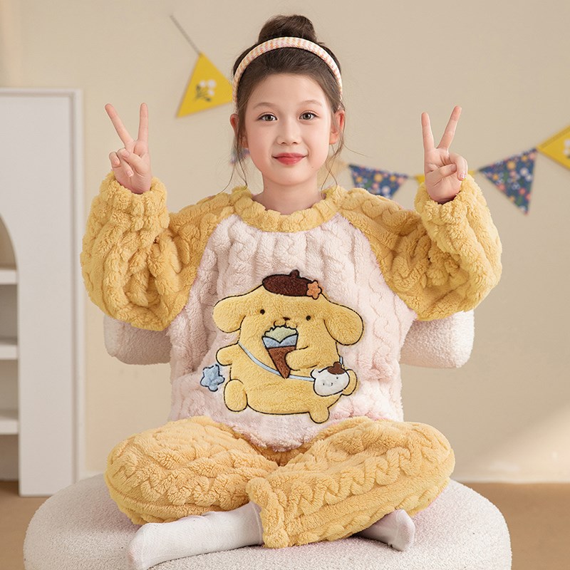 女童睡衣儿童法兰绒秋冬季加绒加厚款保暖中大童珊瑚绒女孩家居服