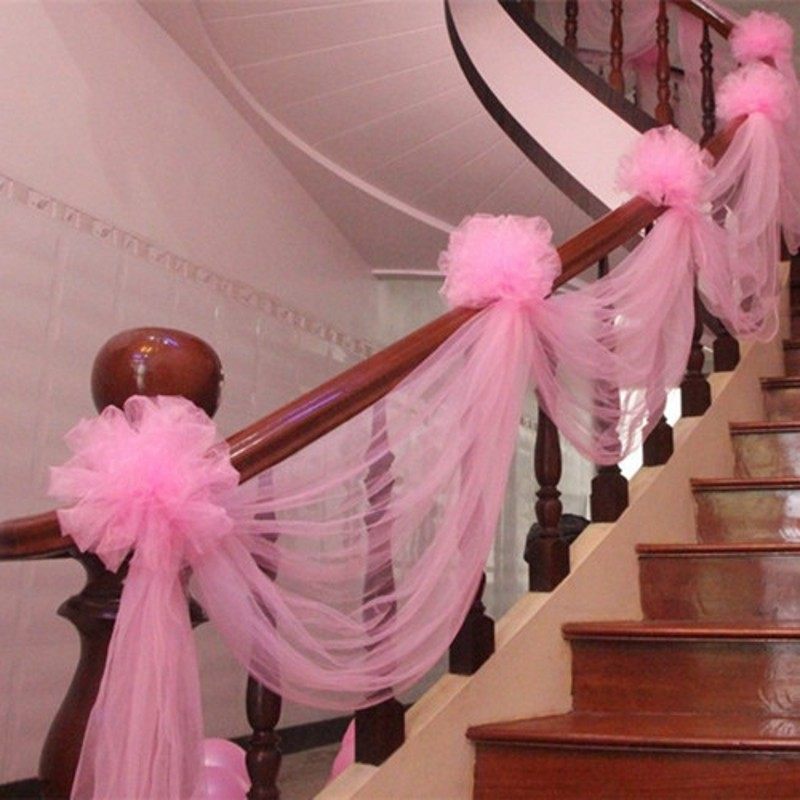 结婚楼梯扶手装饰网纱花球套粉红色装蚊帐纱拉花房间婚房布置软纱
