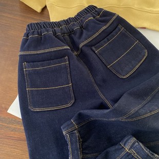 一条过冬~明线装饰加绒牛仔裤 男童秋冬加厚收口小棉裤