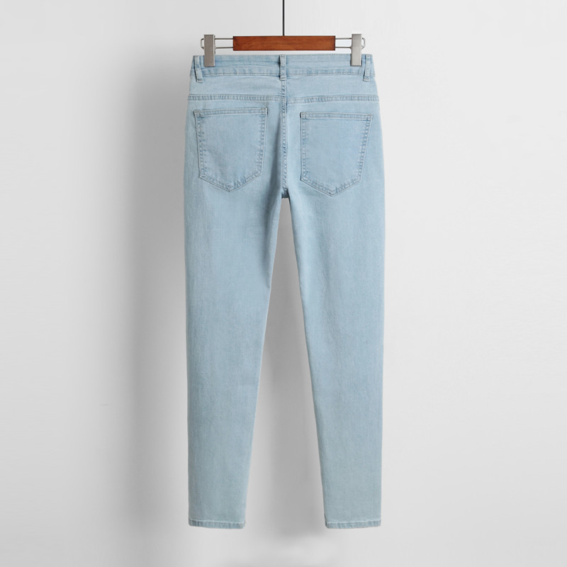 秋季男式新品修身简约淡蓝色小脚裤高弹力紧身牛仔裤浅色休闲长裤
